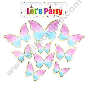 CAKE DECORβ’ 10 pcs Let's Party Pink Blue with Golden Sparkle Border Butterfly Paper Topper For Cake And Cupcake