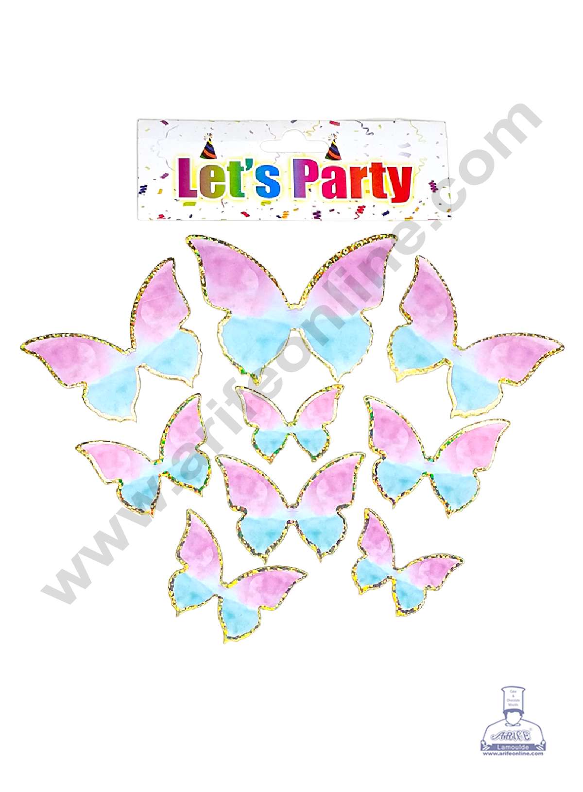 CAKE DECOR™ 10 pcs Let's Party Pink Blue with Golden Sparkle Border Butterfly Paper Topper For Cake And Cupcake