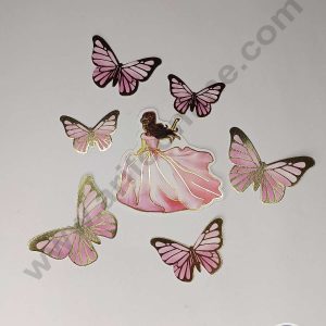 CAKE DECOR™ 7 pcs Pink Lady with Butterfly Theme Paper Topper For Cake And Cupcake SBMT-PT-113