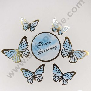 CAKE DECOR™ 7 pcs Blue Round HBD Tag with Butterfly Paper Topper For Cake And Cupcake