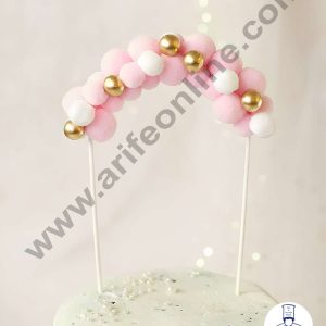 CAKE DECORβ’ Pink White Soft Balls with Gold Pearl Cloud Arch Cake Topper Cake Decoration (SB-Arch-PWG)