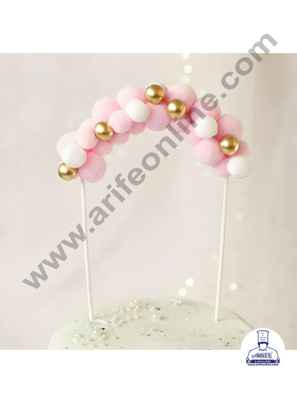 CAKE DECORβ’ Pink White Soft Balls with Gold Pearl Cloud Arch Cake Topper Cake Decoration (SB-Arch-PWG)