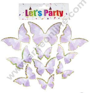 CAKE DECORβ’ 10 pcs Let's Party Purple with Golden Sparkle Border Butterfly Paper Topper For Cake And Cupcake