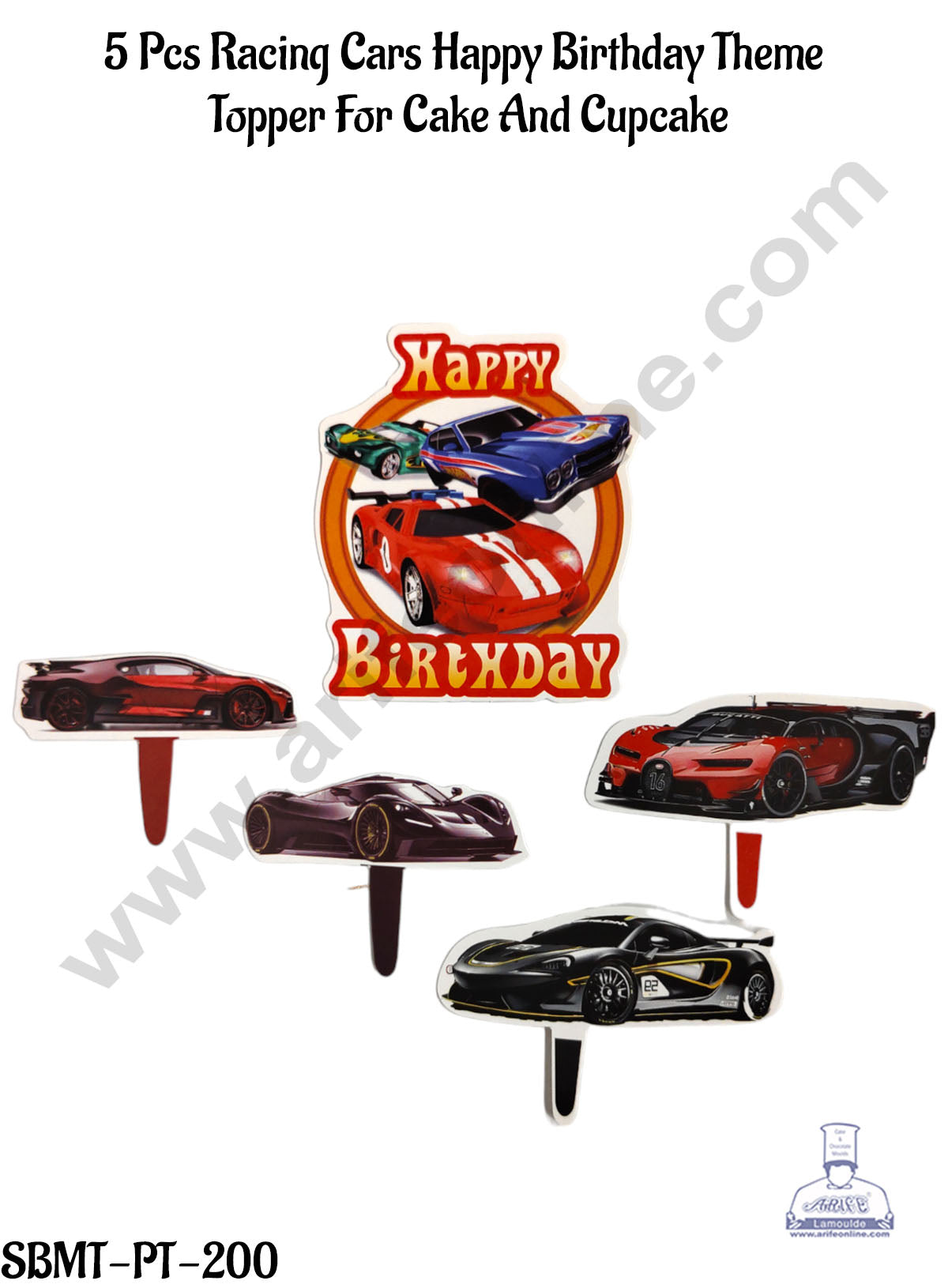 CAKE DECOR™ 5 Pcs Paper Racing Cars Happy Birthday Theme Topper For Cake And Cupcake