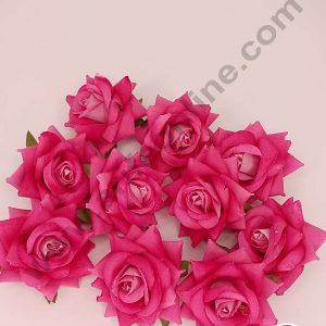 CAKE DECOR™ Medium Velvet Rose Artificial Flower For Cake Decoration – Rani Pink ( 10 pcs Pack )