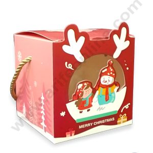 CAKE DECOR™ Christmas Theme Girl & Snowman Print Box with Rope Style Handle Gift Box | Candy Box | Cookies Box | Sweet Treats Box - Maroon (10 Pcs Pack)