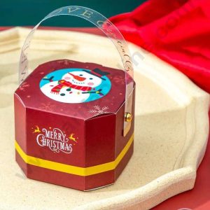 CAKE DECOR™ Christmas Theme Octagon Shape Box with Transparent Handle Gift Box | Candy Box | Cookies Box | Sweet Treats Box - Maroon (10 Pcs Pack)