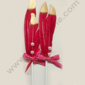 CAKE DECOR™ 2 Pcs Red Golden Feather Topper For Cake Decoration