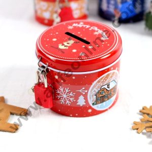CAKE DECOR™ Christmas Design Coin Storage Box | Cute Piggy Bank Round Piggy Bank with Metal Lock Key