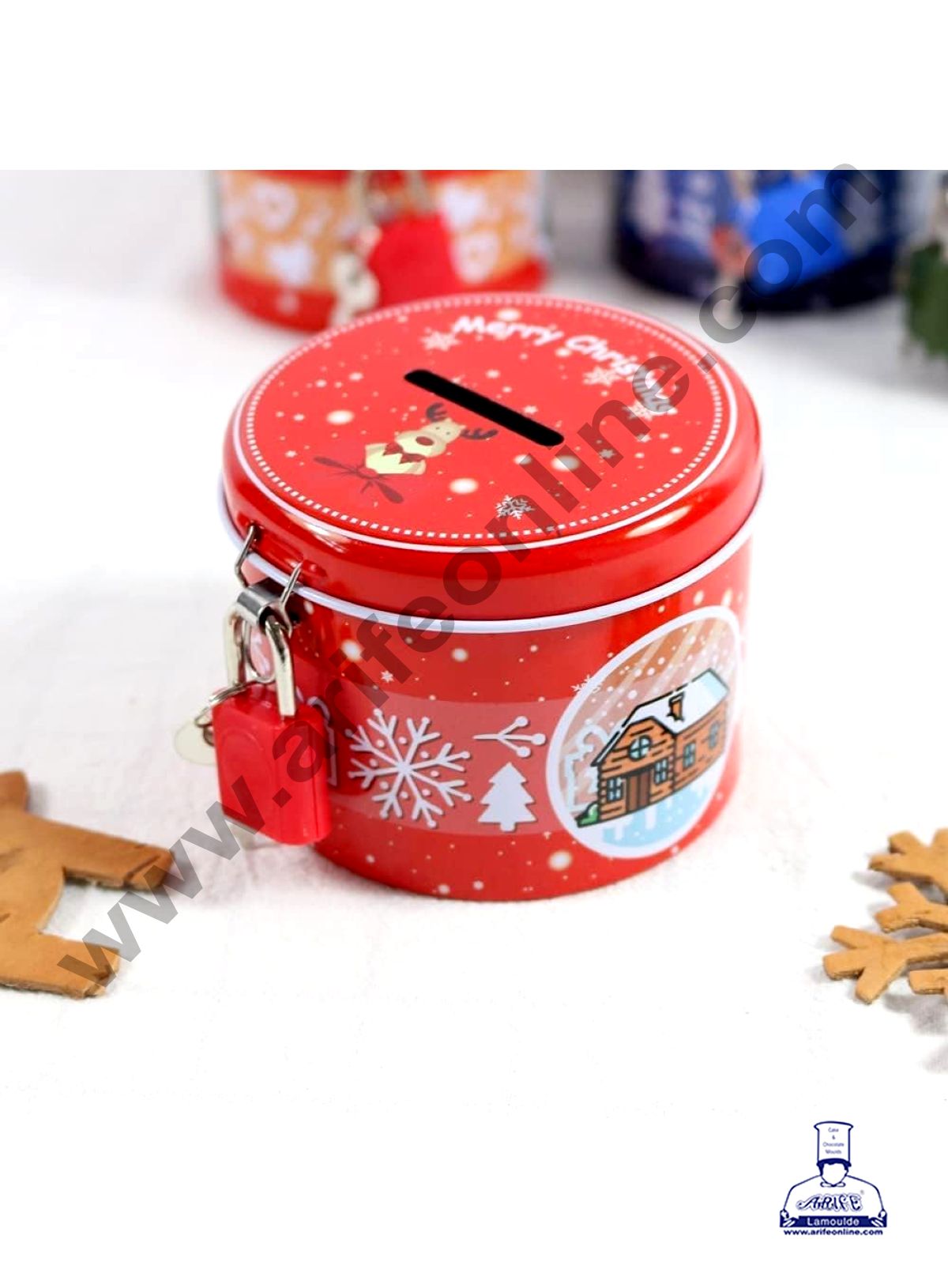CAKE DECOR™ Christmas Design Coin Storage Box | Cute Piggy Bank Round Piggy Bank with Metal Lock Key