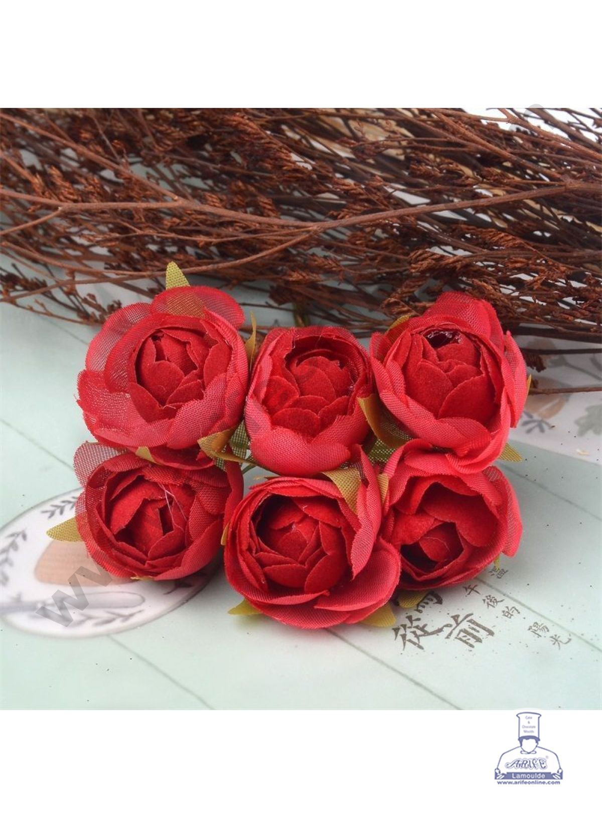 CAKE DECOR™ Small Peony Artificial Flower Bunch For Cake Decoration – Red ( 6 pc pack )