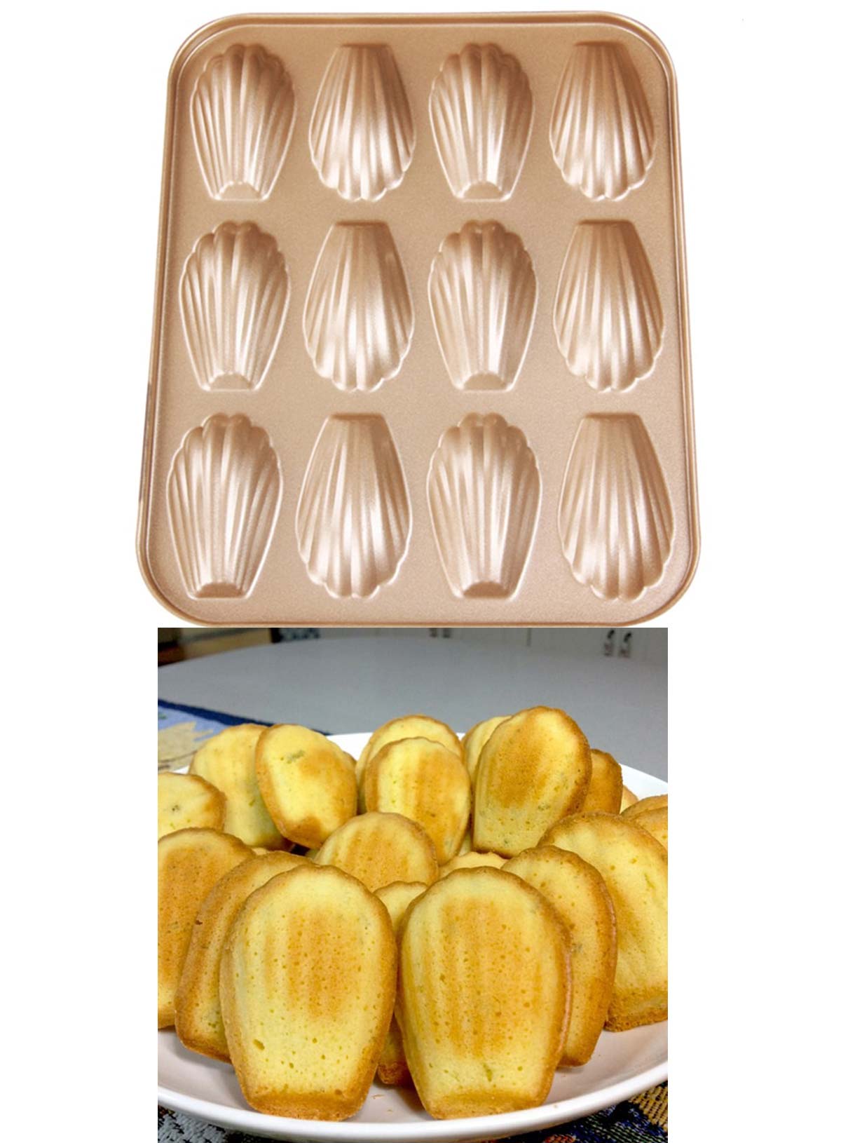 Cake Decor Nonstick Madeleine Baking Pan, 12-Cavity Shell Shaped Pan (Gold)