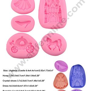 Cake Decor 5 Cavity Silicon Castle Horse Crystal shoes Dress Pumpkin Car Fairy Fondant Marzipan Mould