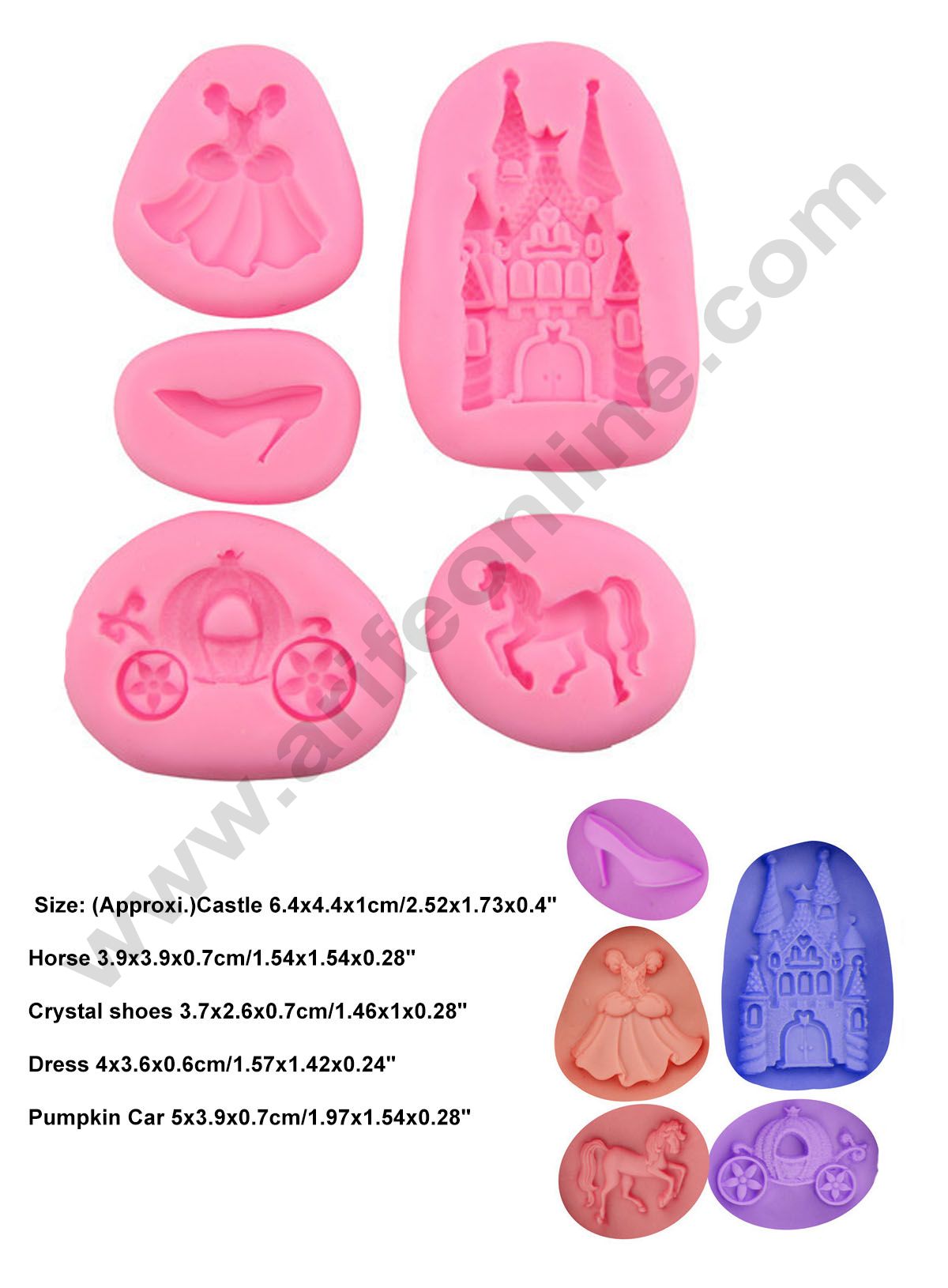 Cake Decor 5 Cavity Silicon Castle Horse Crystal shoes Dress Pumpkin Car Fairy Fondant Marzipan Mould