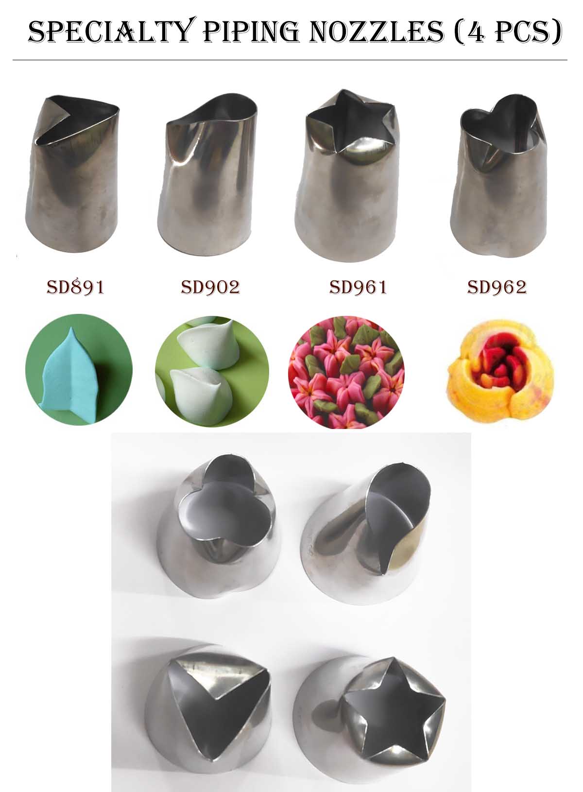 Cake Decor 4 PCS Stainless Steel Specialty Piping Nozzles