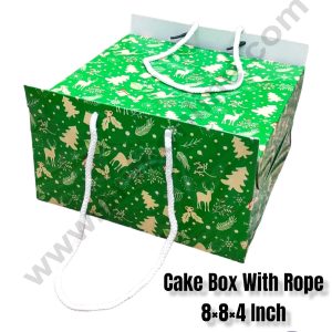 CAKE DECORβ’ 1/2 kg Christmas Theme Cake Box with Rope Handle 8 x 8 x 4 Inch - Christmas Theme 6 ( Pack of 10 pcs )