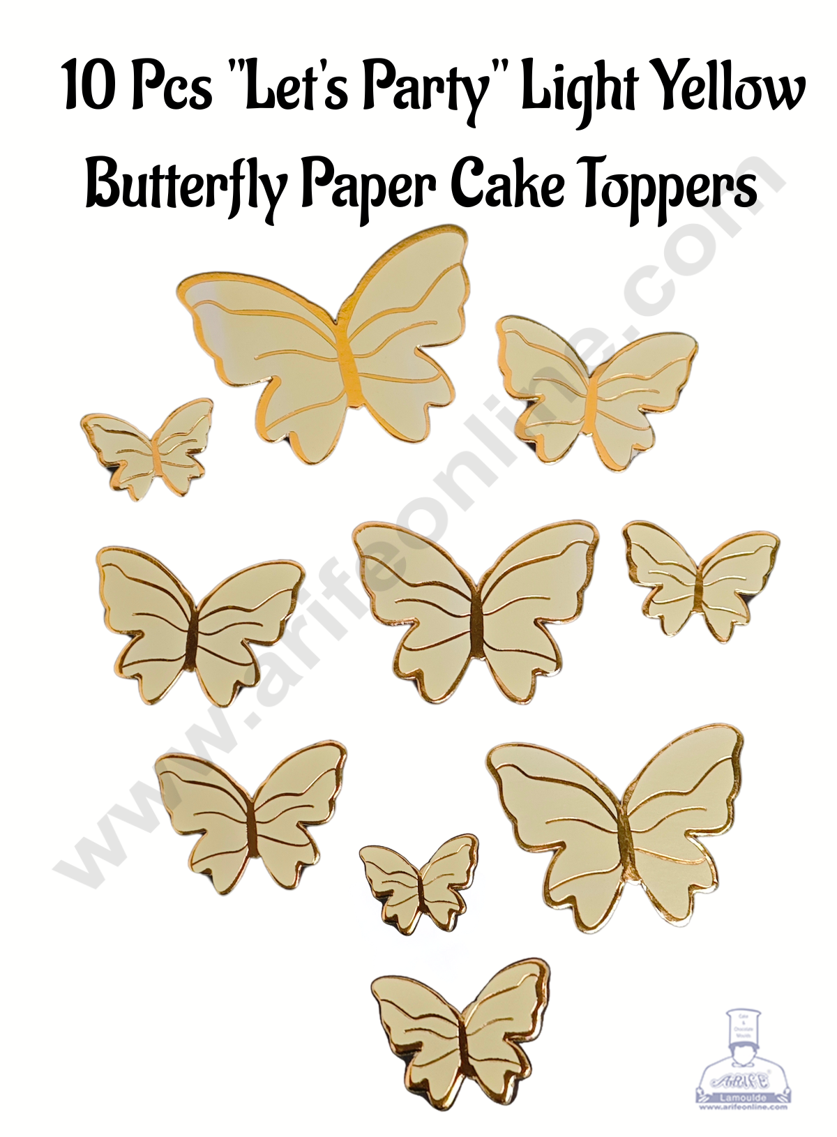 CAKE DECORβ’ 10 Pcs "Let's Party" Light Yellow Butterfly Paper Cake Toppers | Cupcake Decorations