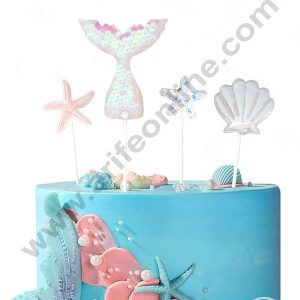 CAKE DECOR™ White Pink Sequin Mermaid Tail with Star Fish & Shell Cake Topper - Set of 4 Pcs (SB-SMT-4WP)