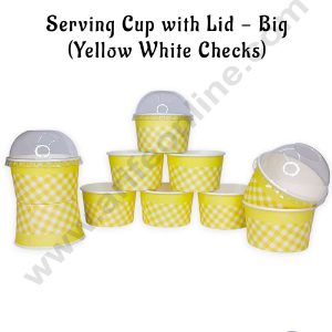 CAKE DECOR™ Big Yellow White Checks Serving Cup with Lid  | Ice Cream Tub (10 Pcs Pack)