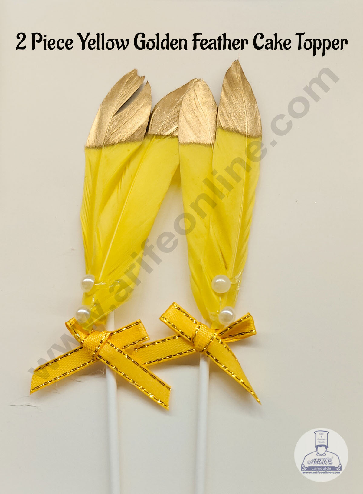 CAKE DECORβ’ 2 Pcs Yellow Golden Feather Topper For Cake Decoration